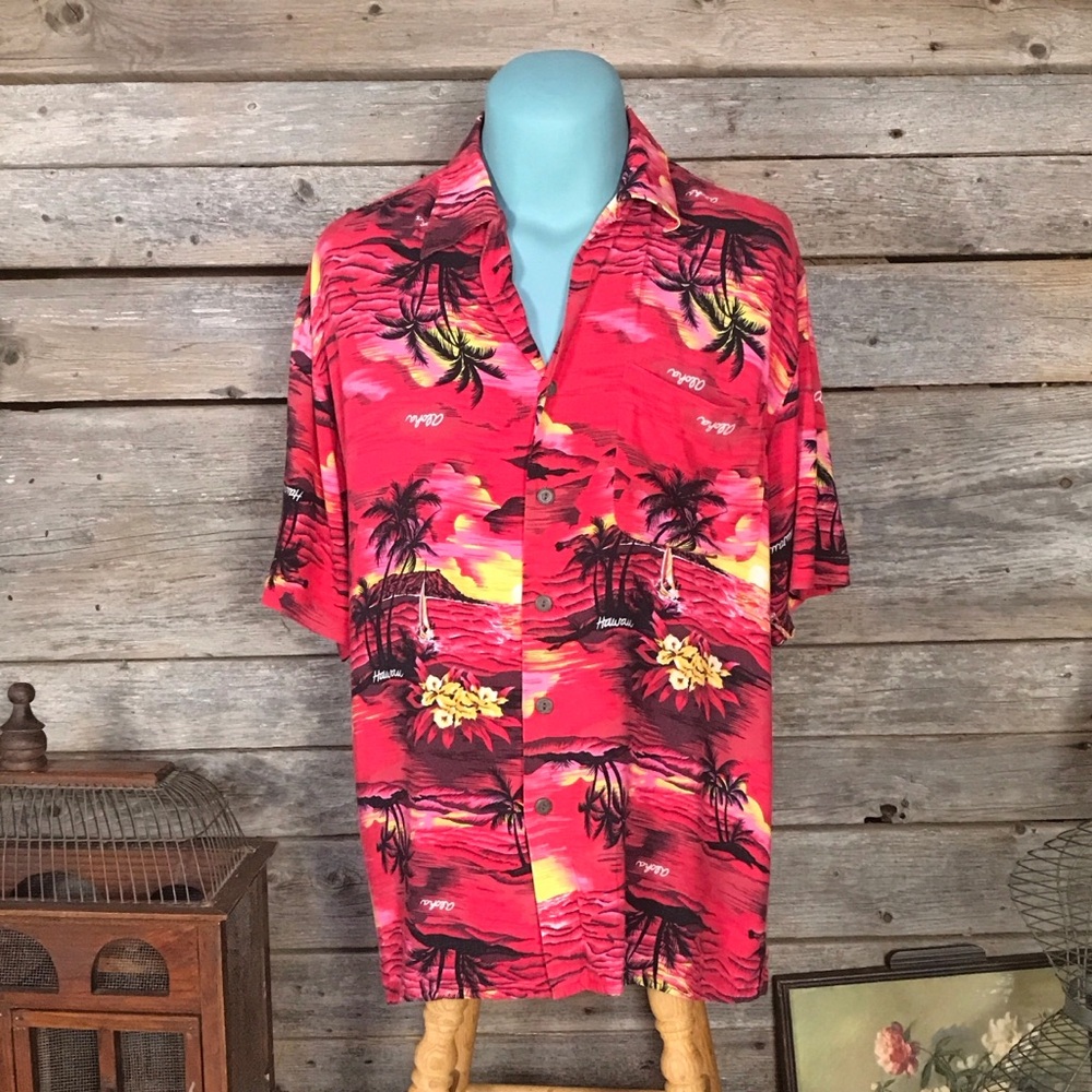Retro Red Tropical Button-Up Shirt, Some Wear, Aloha Joe’s